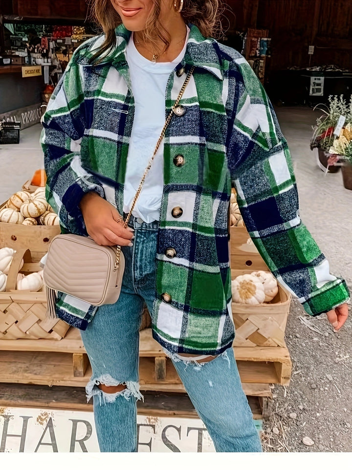 Dame Tjekket Flanneljakke med Knapdetaljer og Casual Snit Stilla