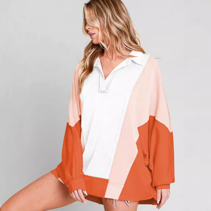 Dame afslappet oversized Sweatshirt med lynlås og farverigt patchwork-design Stilla