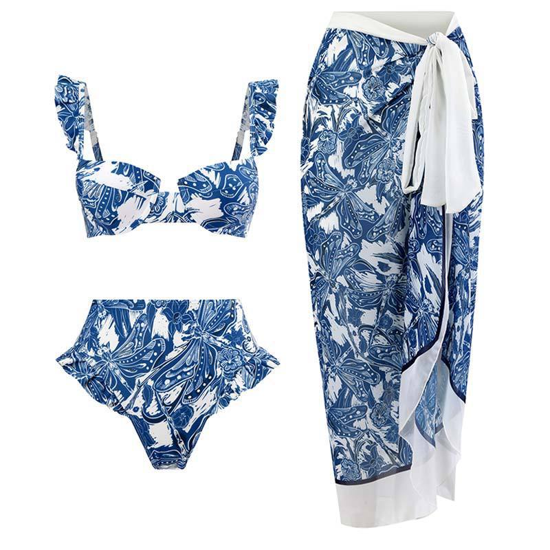 Dame bikini sæt med raffinerede flæser og elegant omslagskjørt Skovae