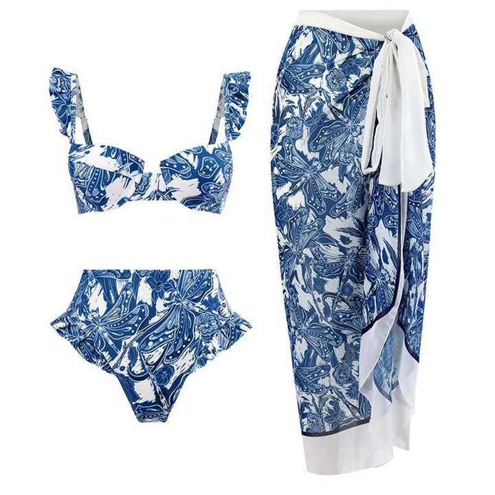 Dame bikini sæt med raffinerede flæser og elegant omslagskjørt Skovae