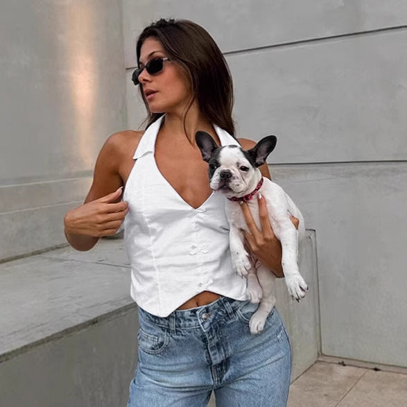 Dame Crop Top med moderne krave og knapdetalje Stilla