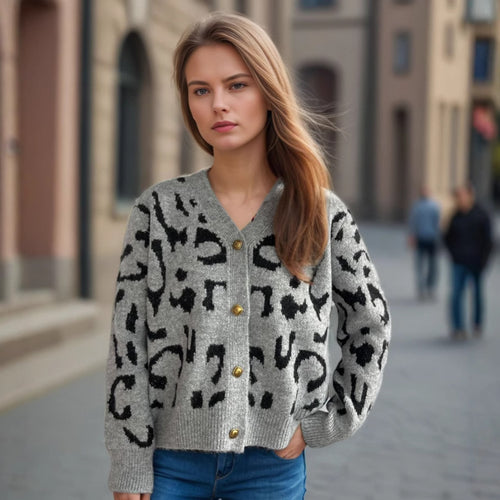 Kvinders fashionable cardigan med dyreprint og guldknapper Stilla