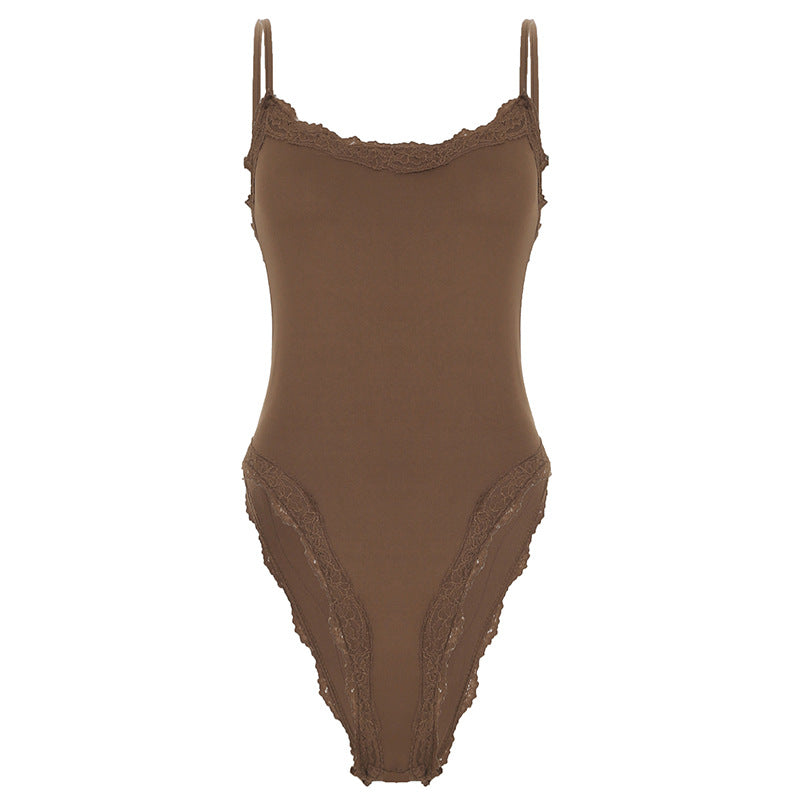 Damen eleganter Bodysuit mit Spitzenakzenten und verstellbaren Trägern Skovae