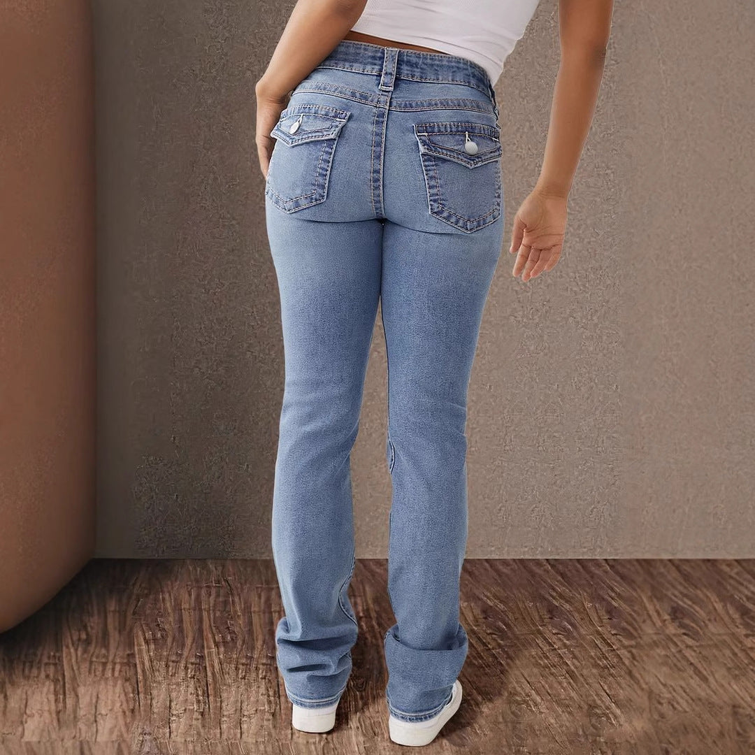 Dame High-Waist Slim Fit Jeans med elegant knapdetalje Stilla