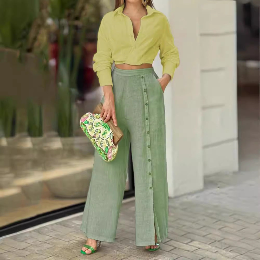 Stilla | Ensemble Bluse Med Revers Af Bomuld Og Bred Bukser
