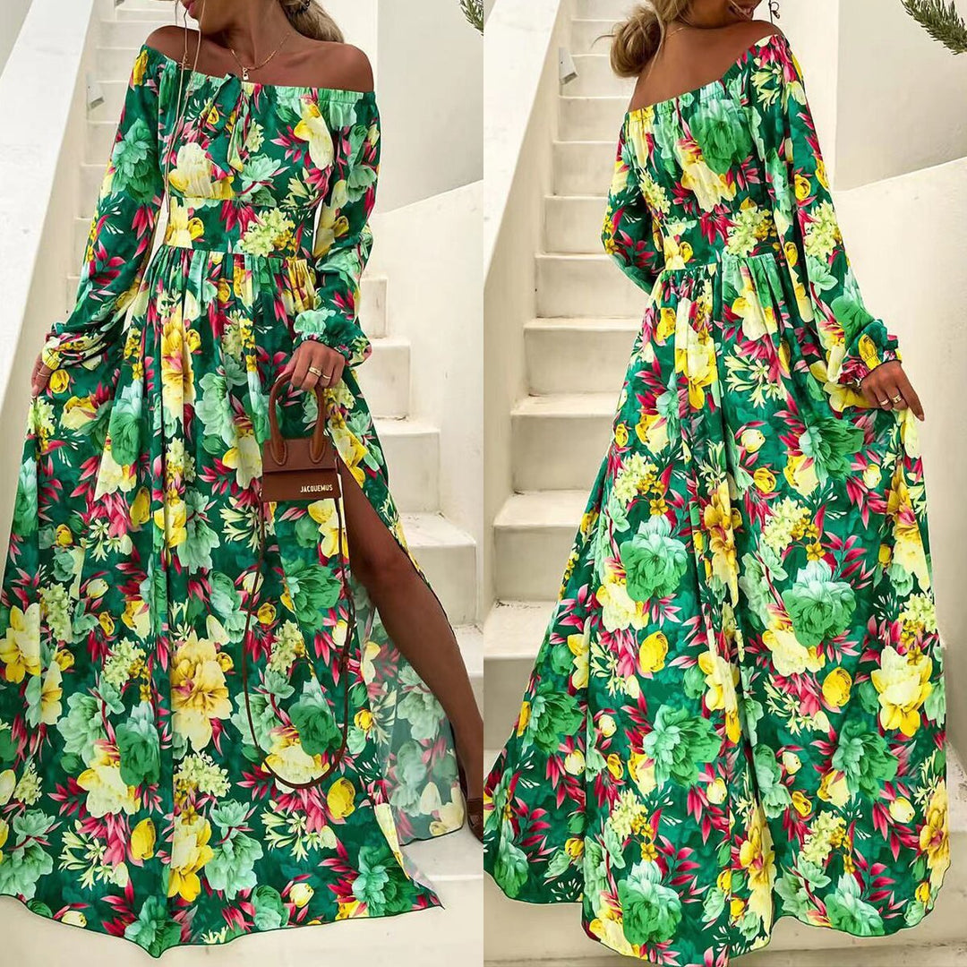 Dame Maxi-kjole med tropisk blomsterdesign og skulderfri design Stilla