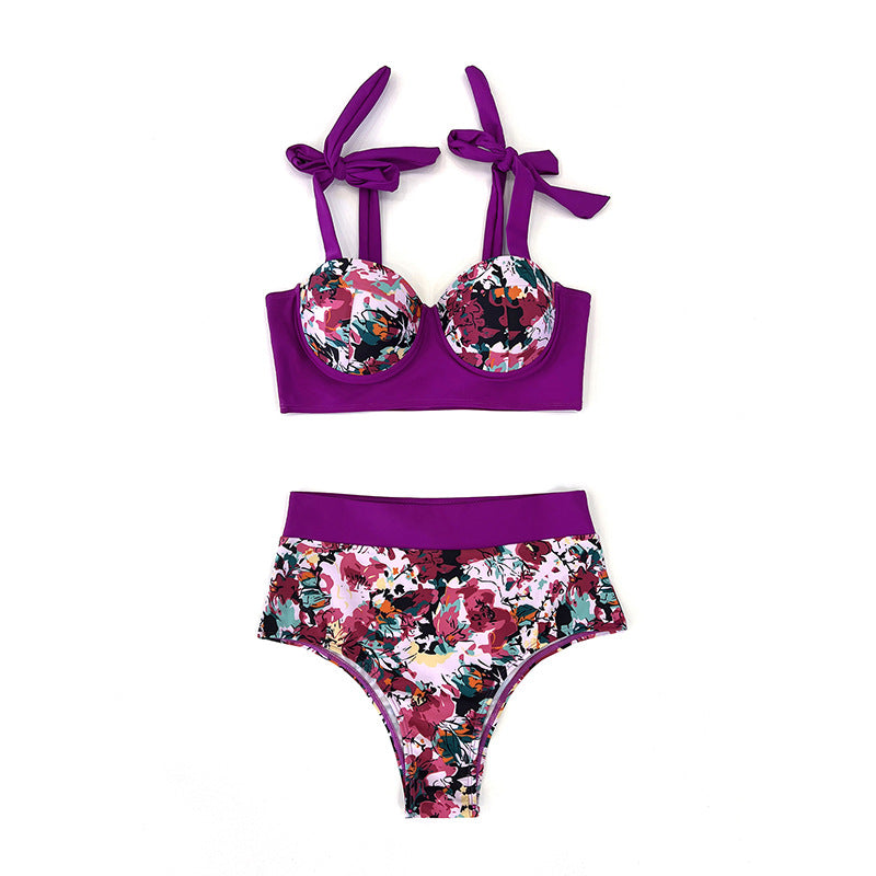 Dame Højtaljet Bikini-Sæt med blomsterprint Bustier-Overdel og justerbare stropper Stilla