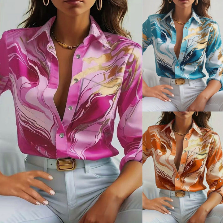 Damer Elegant Satinbluse med maritimt mønster Stilla