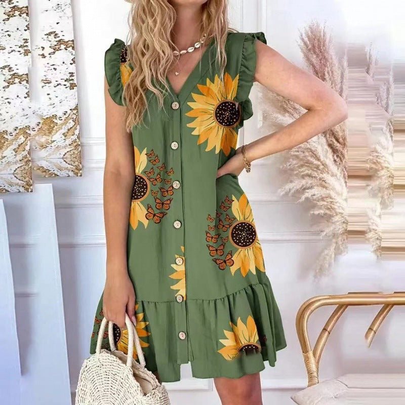 Dame afslappet Button-Down sommerkjole med flæseærmer Stilla