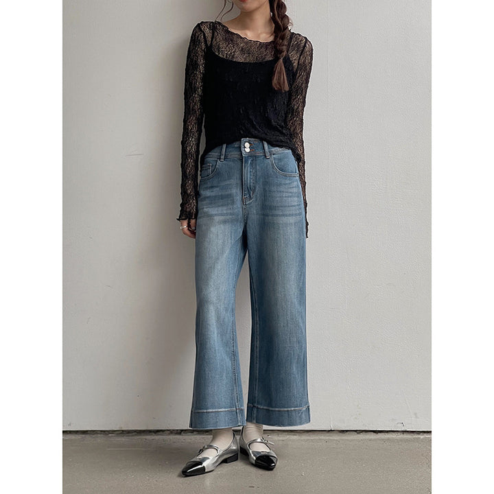 Dame elegante højvandsjeans med bred ben og høj talje Stilla