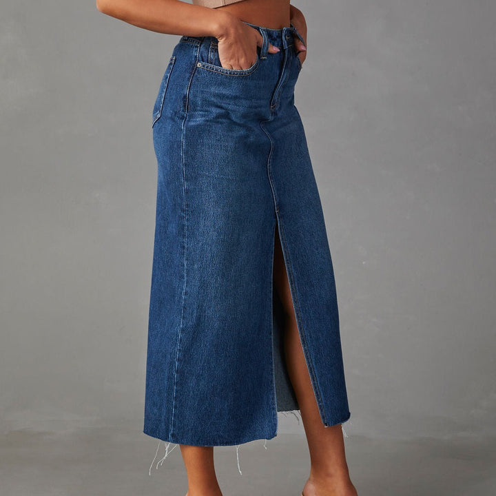 Dame Midirok i denim med sidelæg Stilla