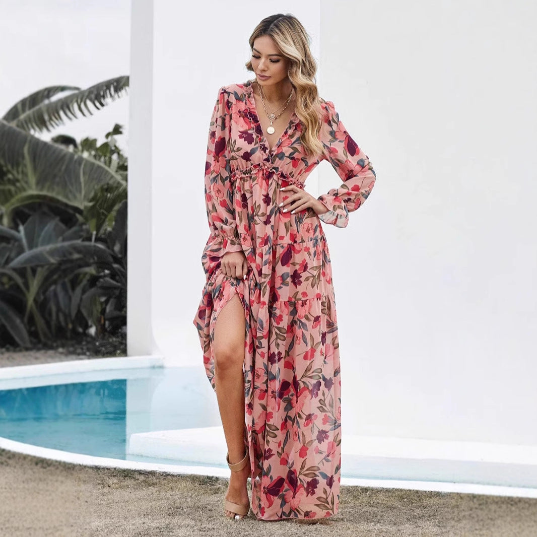 Dame Boho Maxikjole med blomsterdesign og flæsedetaljer Stilla