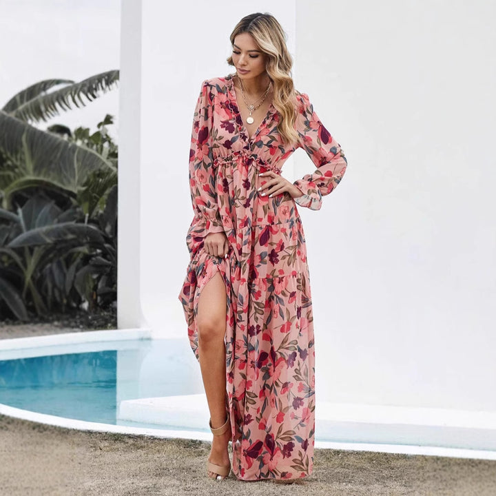 Dame Boho Maxikjole med blomsterdesign og flæsedetaljer Stilla