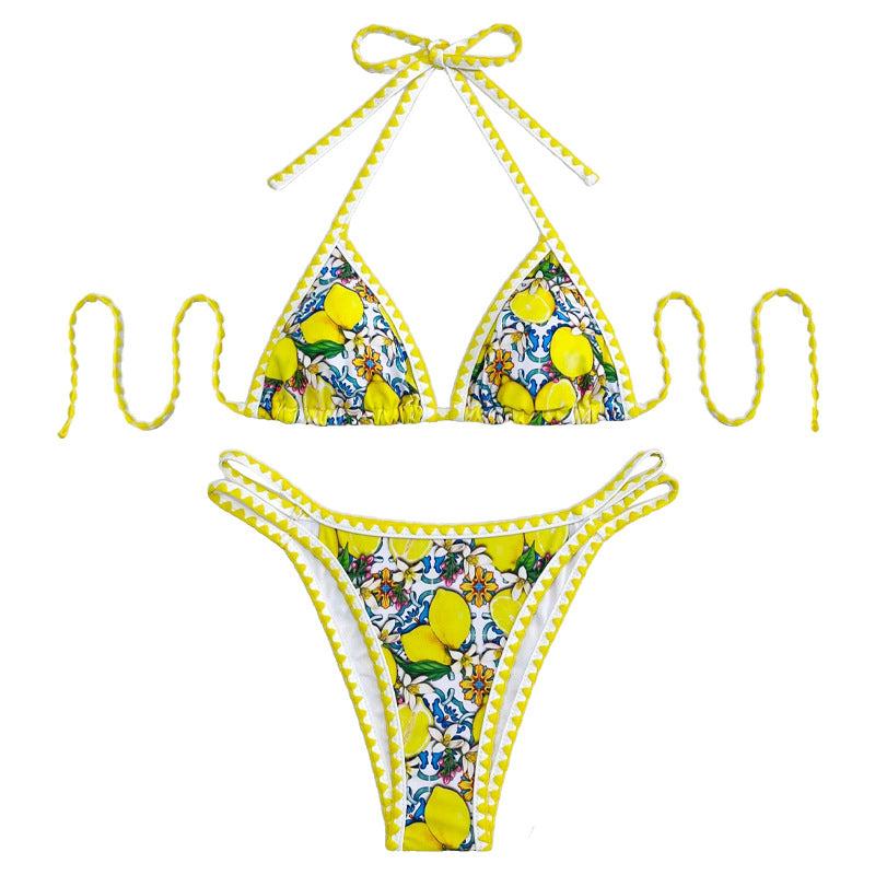Dame triangel-bikini med glad citrusmønster Skovae