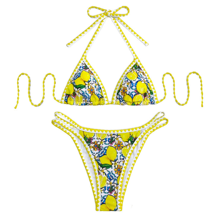 Dame triangel-bikini med glad citrusmønster Skovae