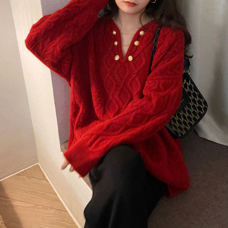 Kvinders chunky striktrøje med dekorativ knaplukning og V-hals Stilla