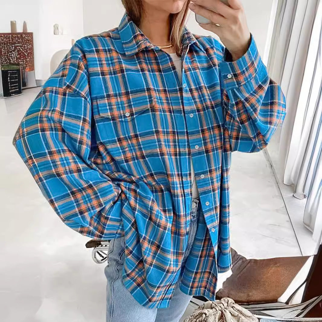 Damer Oversized Karo skjorte med lange ærmer og brystlommer Stilla