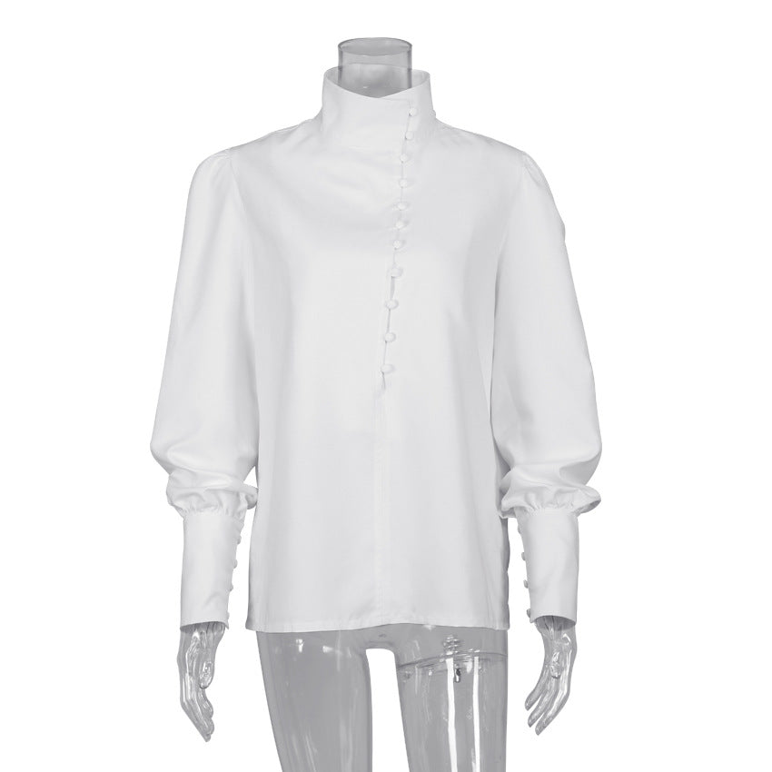 Damer elegant bluse med højtstående krave og puffærmer Stilla