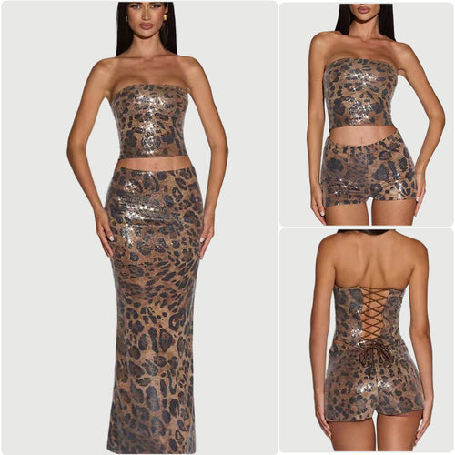 Kvinderne crop top og shorts sæt i leopardprint med glitrende accenter Skovae