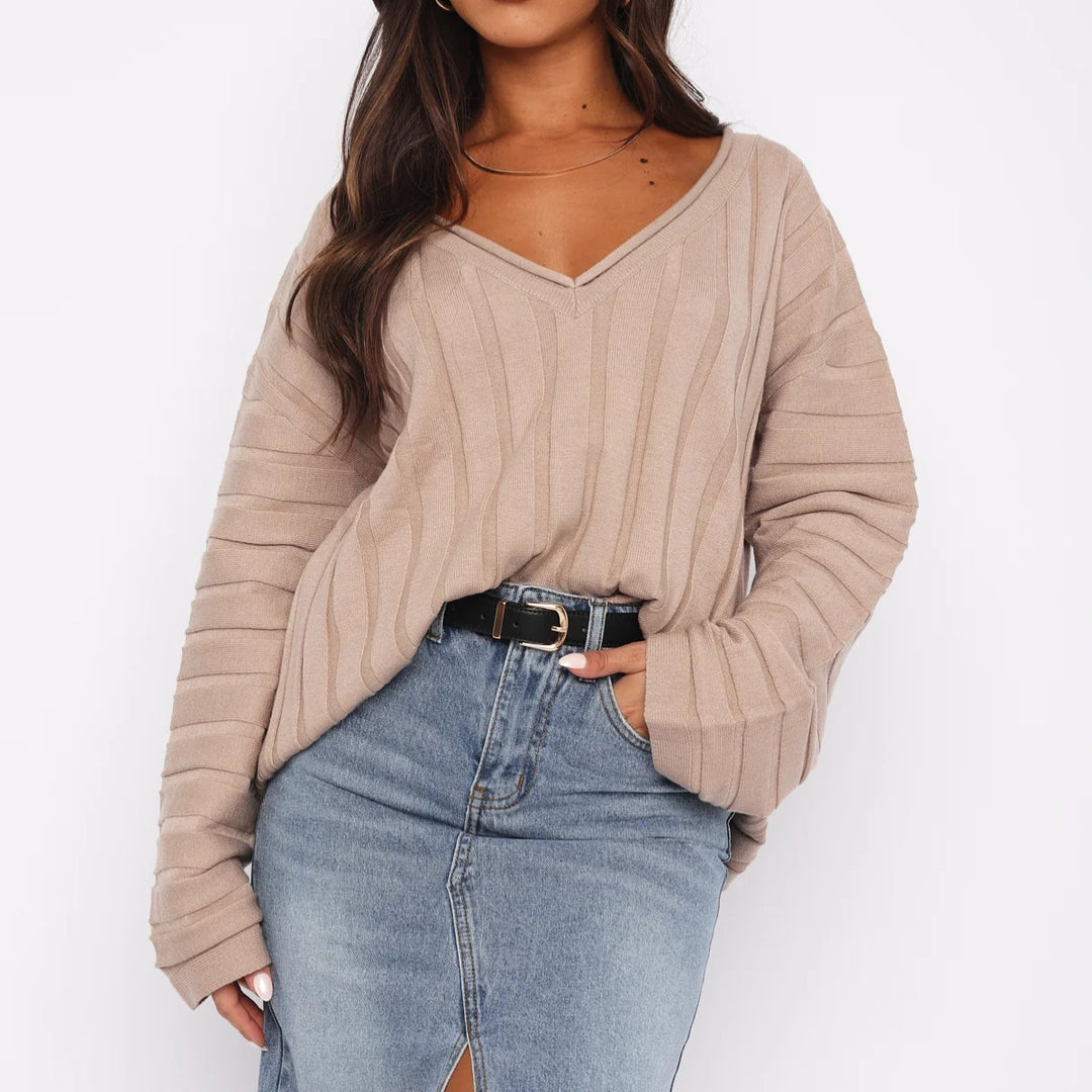 Kvinde casual pullover med V-hals og stribet mønster Skovae
