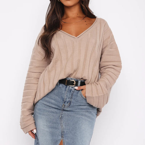 Kvinde casual pullover med V-hals og stribet mønster Skovae