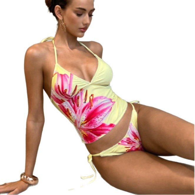 Dame højt skåret tankini med blomsterdesign Skovae