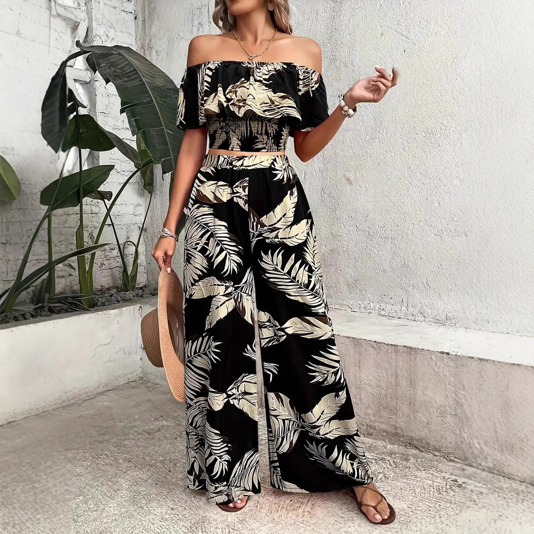 Dame To-delt Sommer-outfit med off-shoulder top og bred buksebund Stilla
