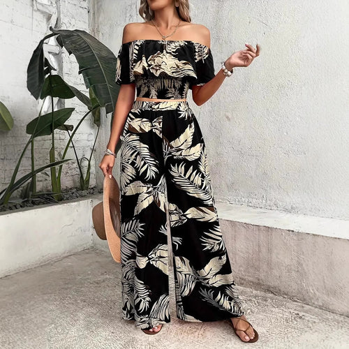 Dame To-delt Sommer-outfit med off-shoulder top og bred buksebund Stilla
