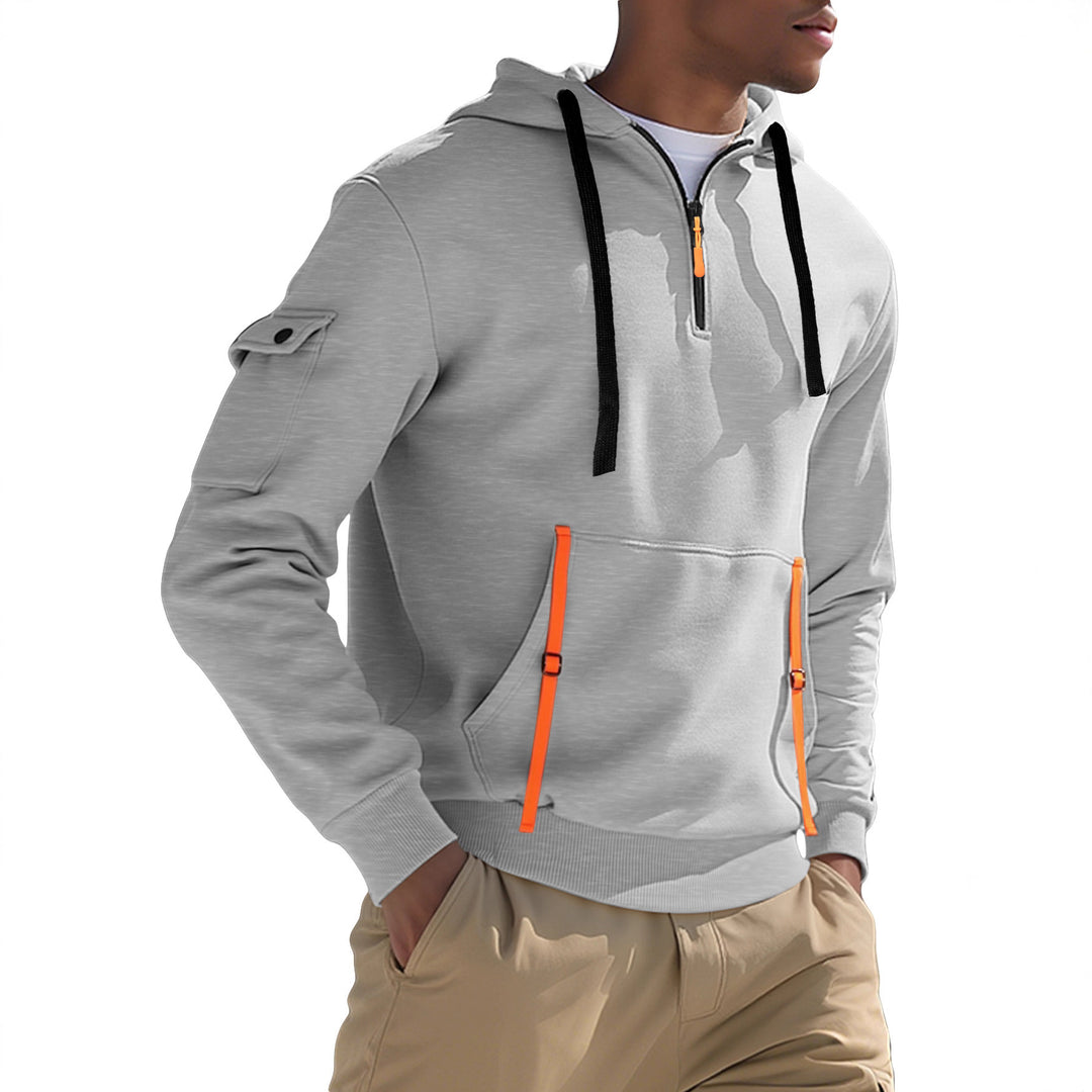 Herrer nan urbaner Tech-hoodie halvziptrøje med utility-ærmelomme, kængurulomme og justerbare lynlås-bånd Skovae
