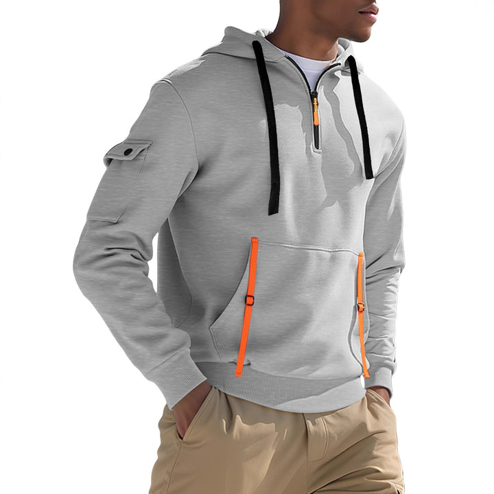 Herrer nan urbaner Tech-hoodie halvziptrøje med utility-ærmelomme, kængurulomme og justerbare lynlås-bånd Skovae