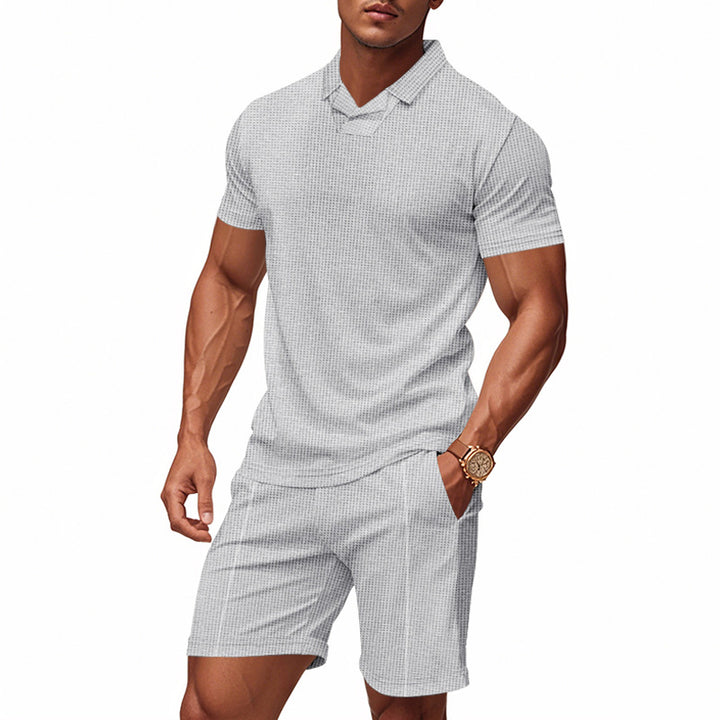 Herre nan afslappet vaffelstruktur fritids sæt med reverskrave kortærmet shirt og elastiske fritids shorts Skovae