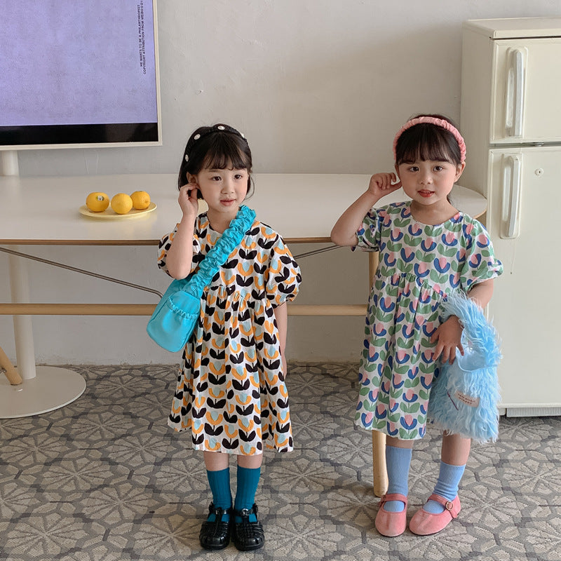 Pige blomsterprint bomuldskjole med pufærmer Stilla