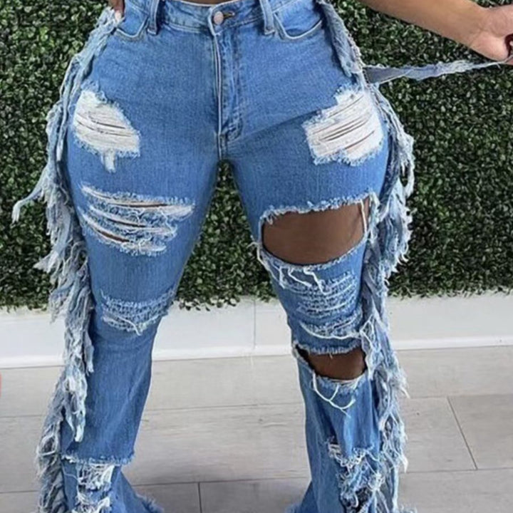 Dame slidte løstsiddende denim jeans med frynse-detaljer Stilla