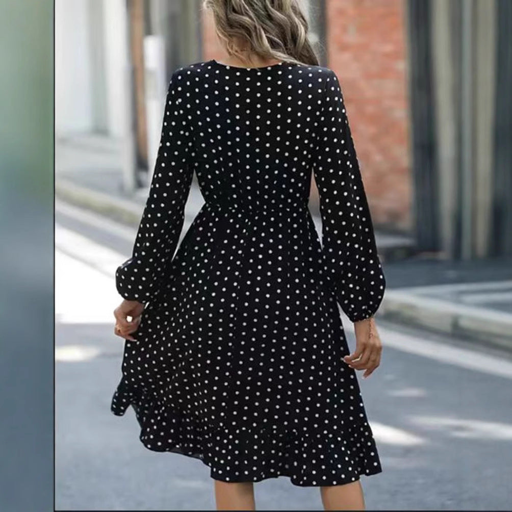 Dame Polkadot Maxikjole med elastisk talje og flæsekant Stilla