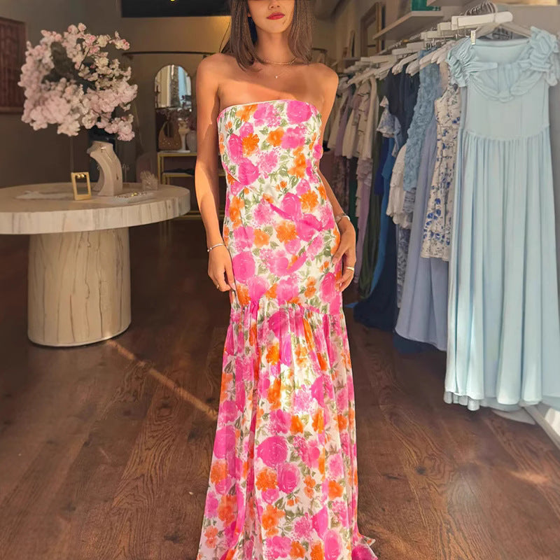 Dame Strapless Maxikjole med Flydende Volangkant Stilla
