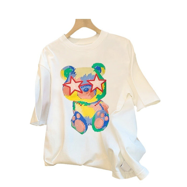 Dame T-shirt med farverigt bjørnemotiv og trendy stjernetryk Stilla