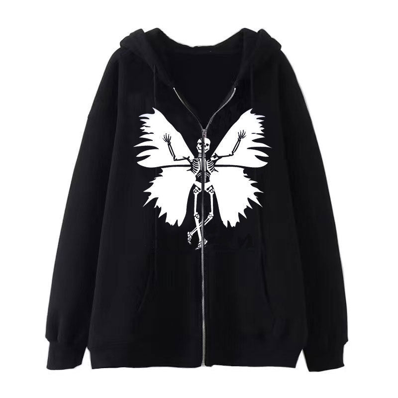 Kvinder's zip hoodie med unikt skelet og sommerfugl design Skovae