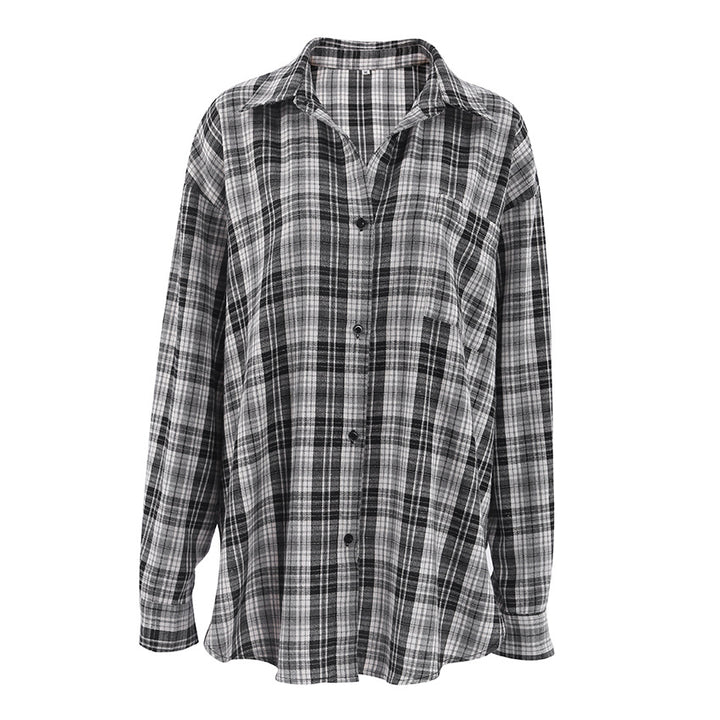 Dame Oversized Karo Skjorte med lange ærmer og moderne detaljer Stilla