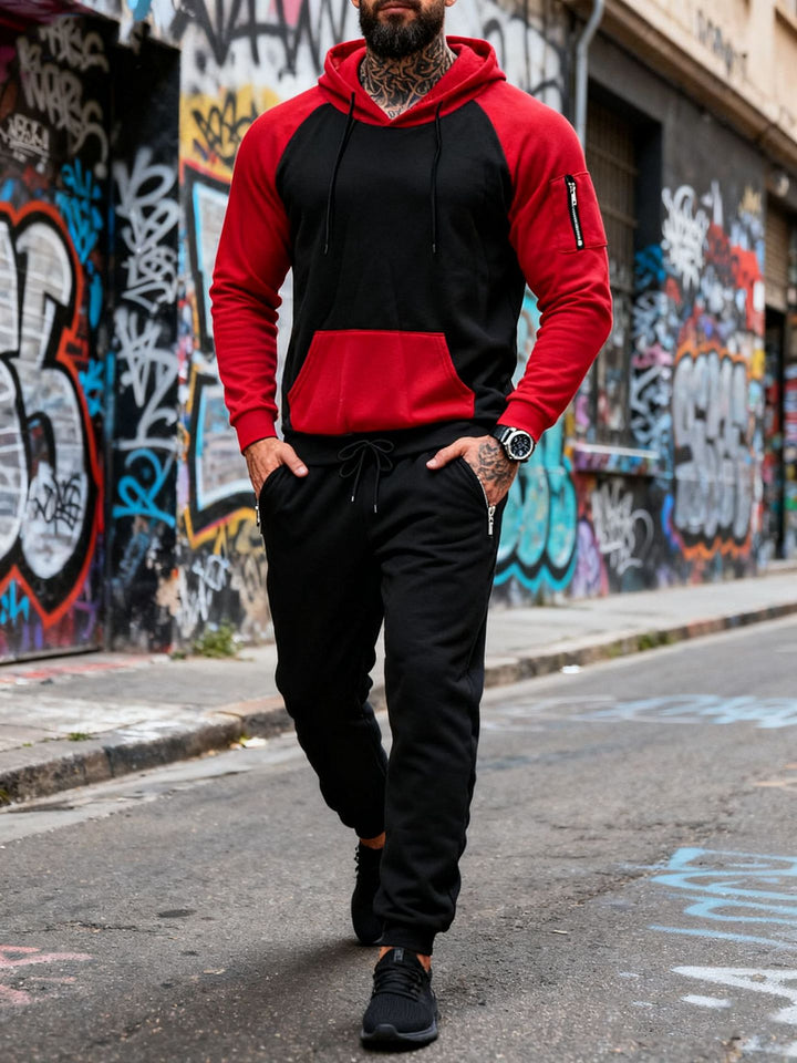 Herrer to-delt hætte-sweatset med raglanærmer, ærme-zip-lomme og tapered joggingbukser Skovae