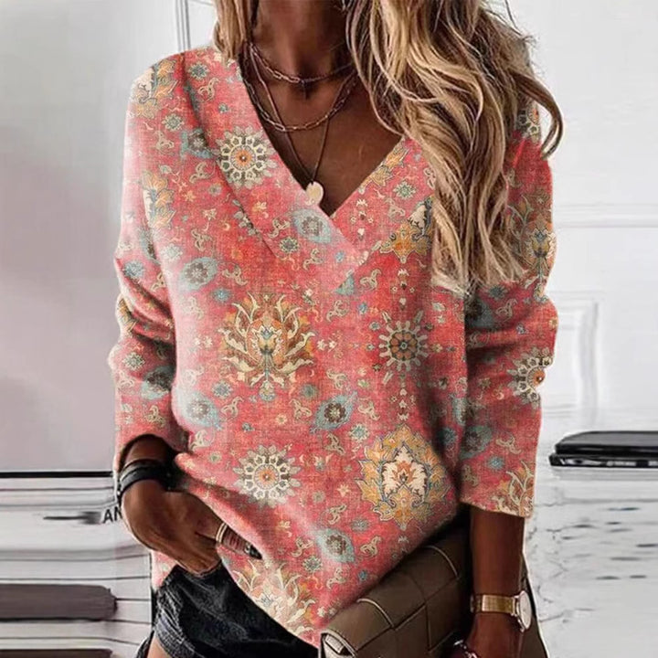Dame V-hals sweater med blomsterprint Stilla