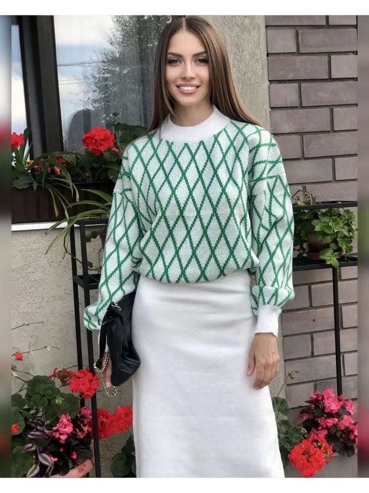 Femme Artistic Diamond Pattern Strikpullover Stilla