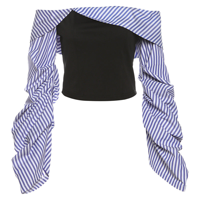 Dame Off-Shoulder Top med voluminøse flæseærmer og stribet design Stilla