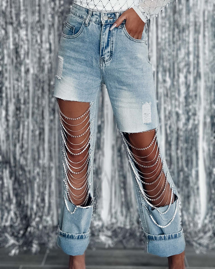Dame jeans-shorts med trendy kædeaccenter og distressed detaljer Stilla