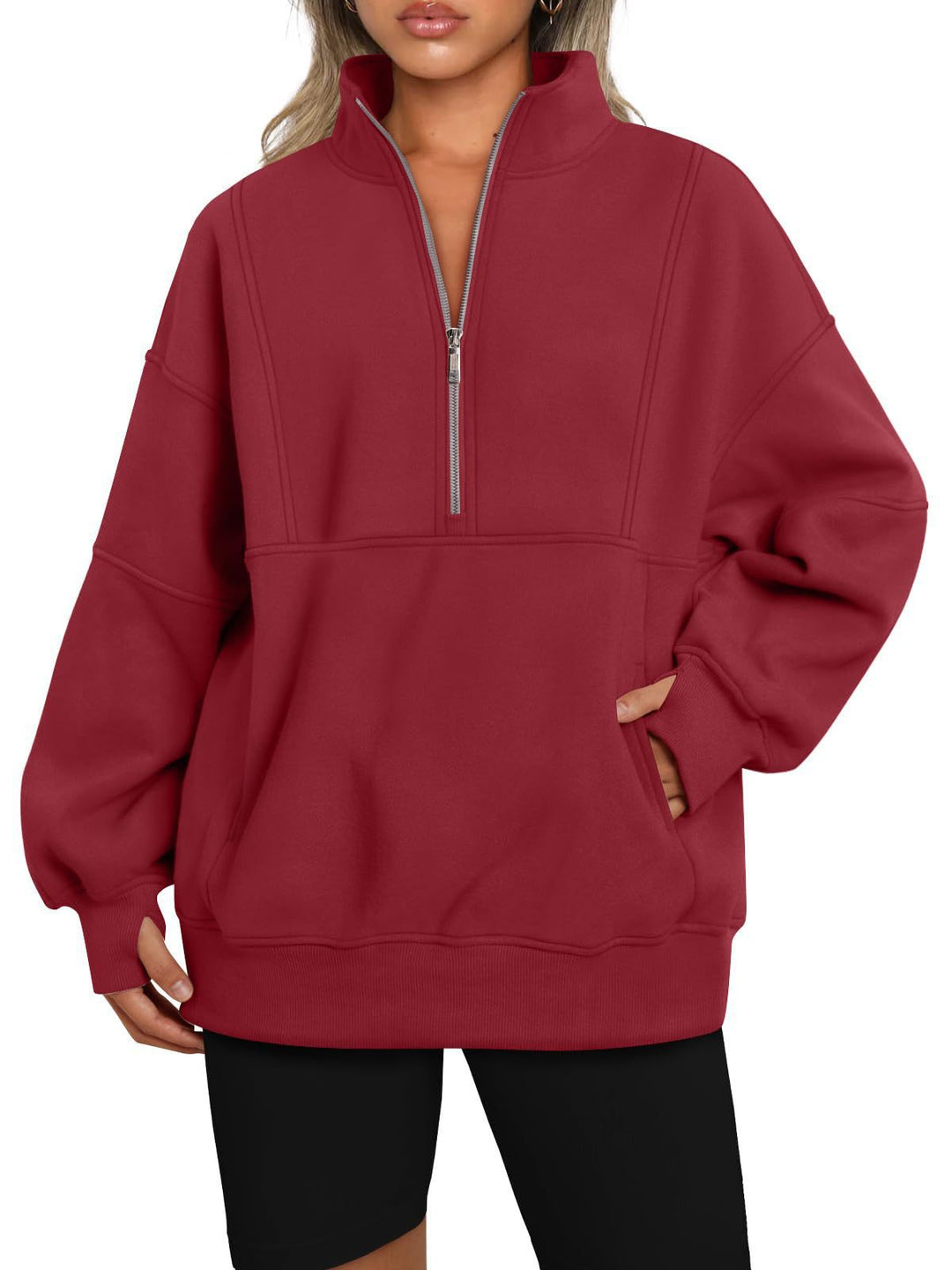 Dame Sporty Hoodie med halvdelen lynlås og voluminøse ærmer Stilla