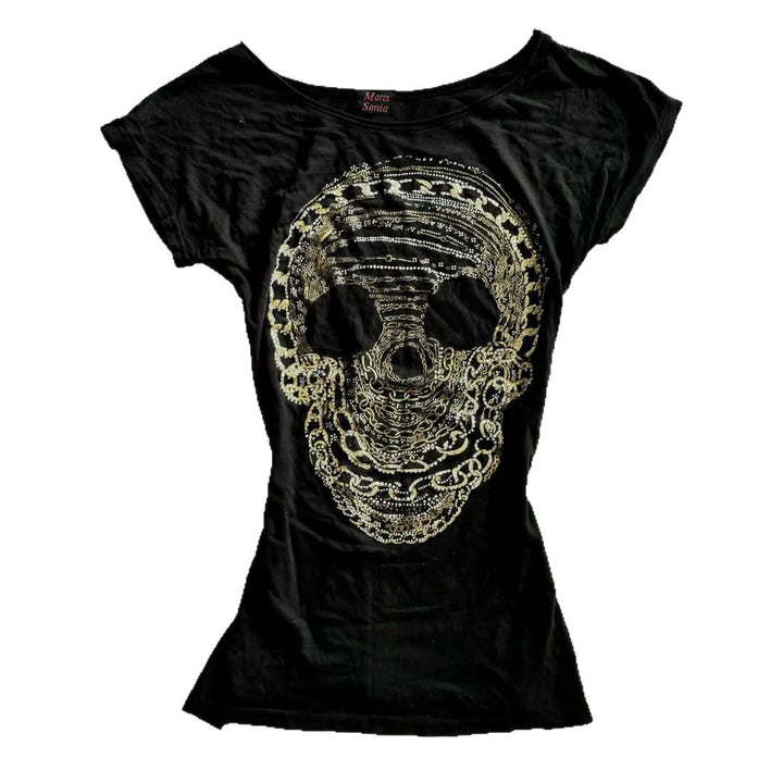 Dame T-shirt med stilfuldt skeletmotiv og glimmeraccenter Skovae