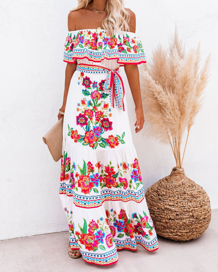 Dame Off-Shoulder Maxikjole med blomster mønstre og elastisk taljebælte Stilla