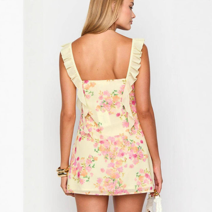 Dame tætsiddende minikjole med rynkede stropper, sløjfedetalje ved udskæringen og blomsterdesign Skovae