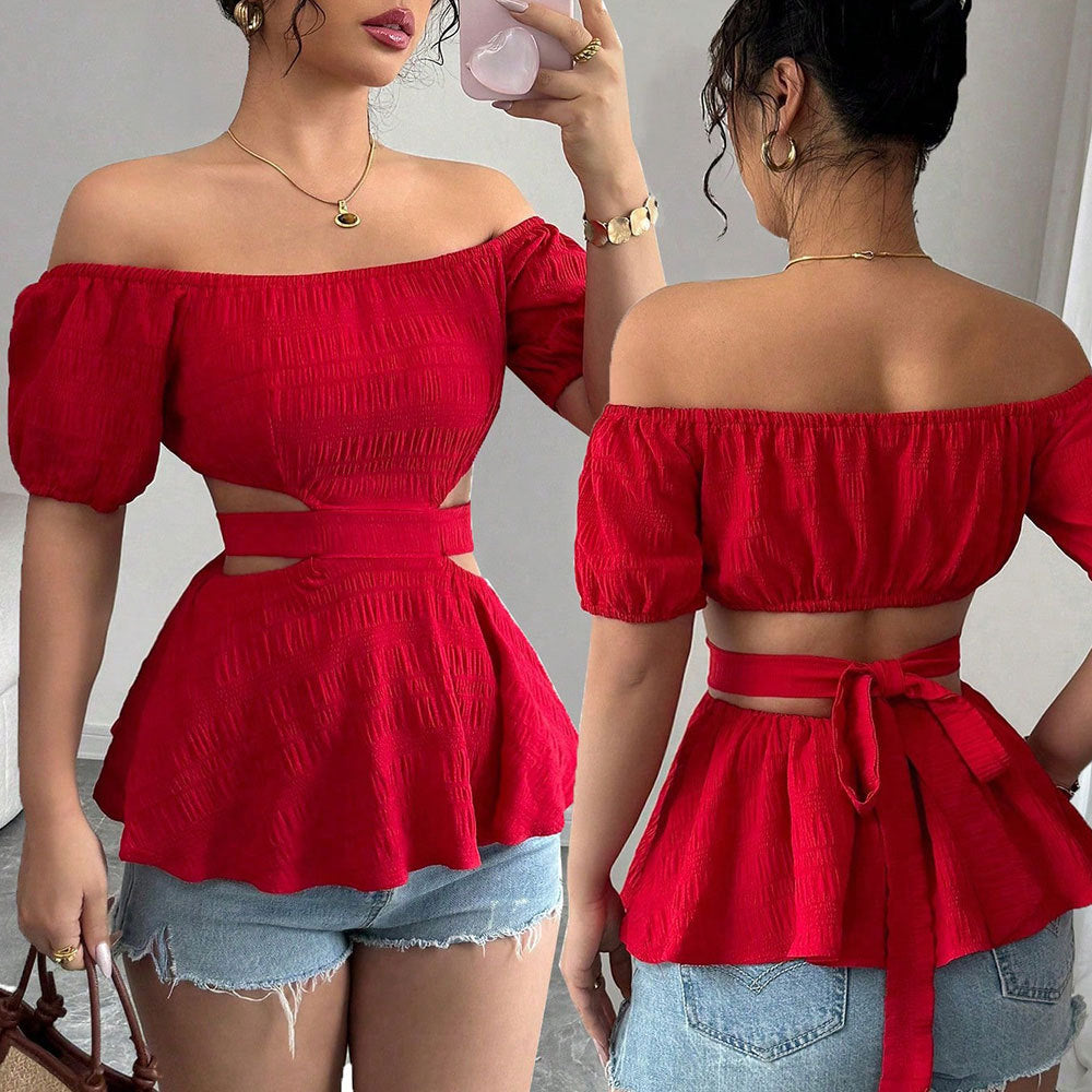 Kvinders off-shoulder bluse med flæsekant og sideløse udskæringer Stilla