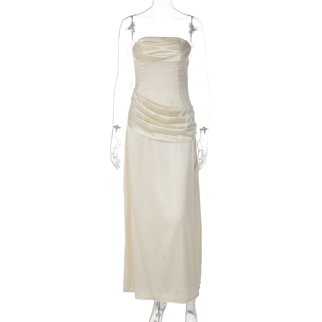 Dame elegant maxikjole med raffineret drapering og skulderfri design Skovae
