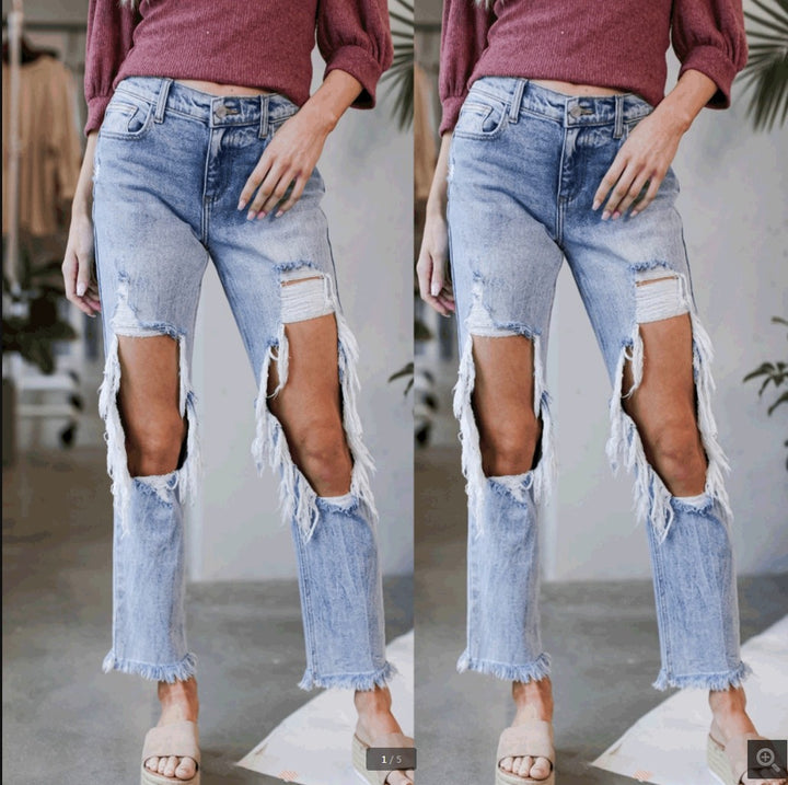 Dame fritids jeans med trendy ripped-detaljer og afslappet snit Stilla